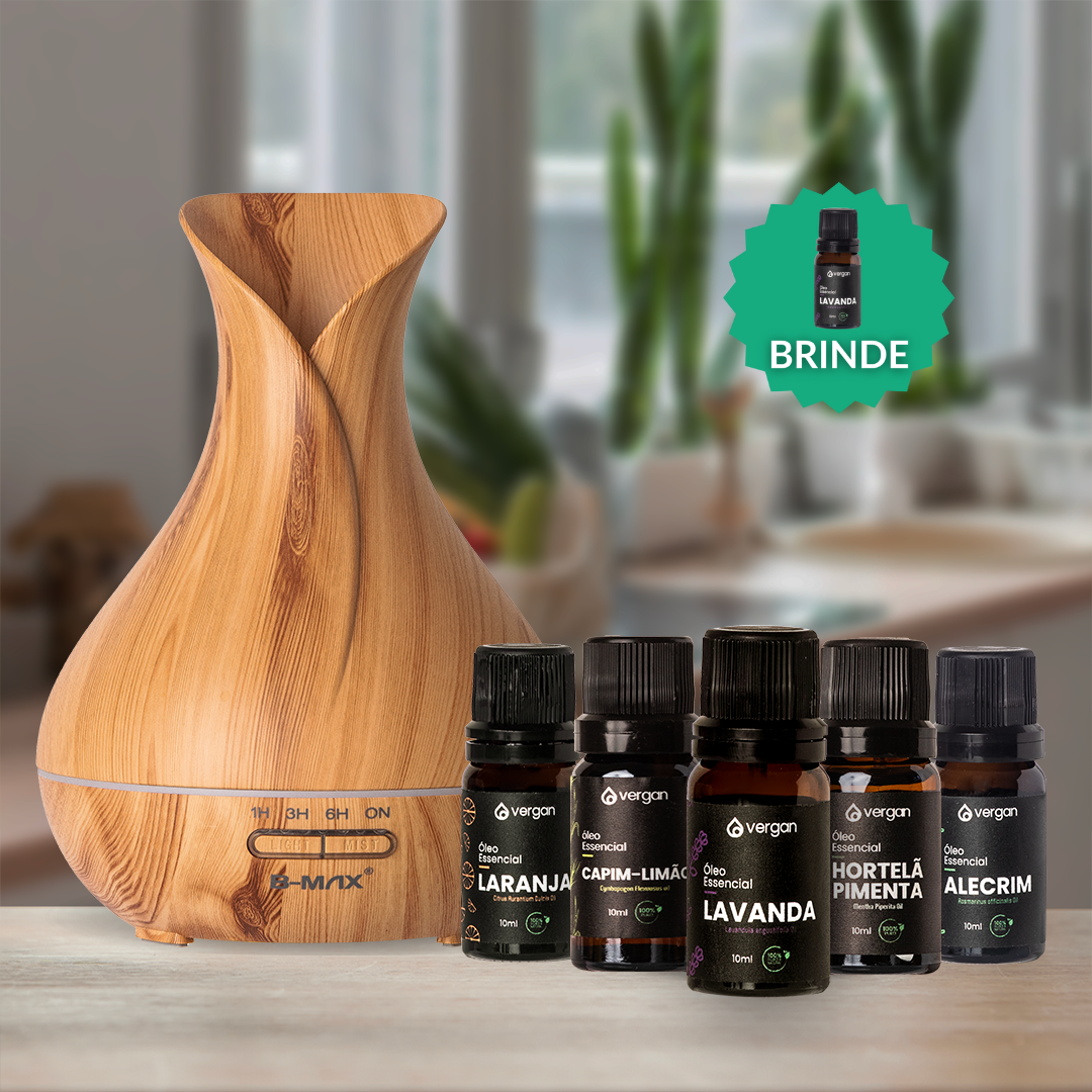 Kit Difusor (500ml) + 5 Óleos Essenciais (Lavanda + Capim-Limão + Laranja + Alecrim + Hortelã-Pimenta) + BRINDE