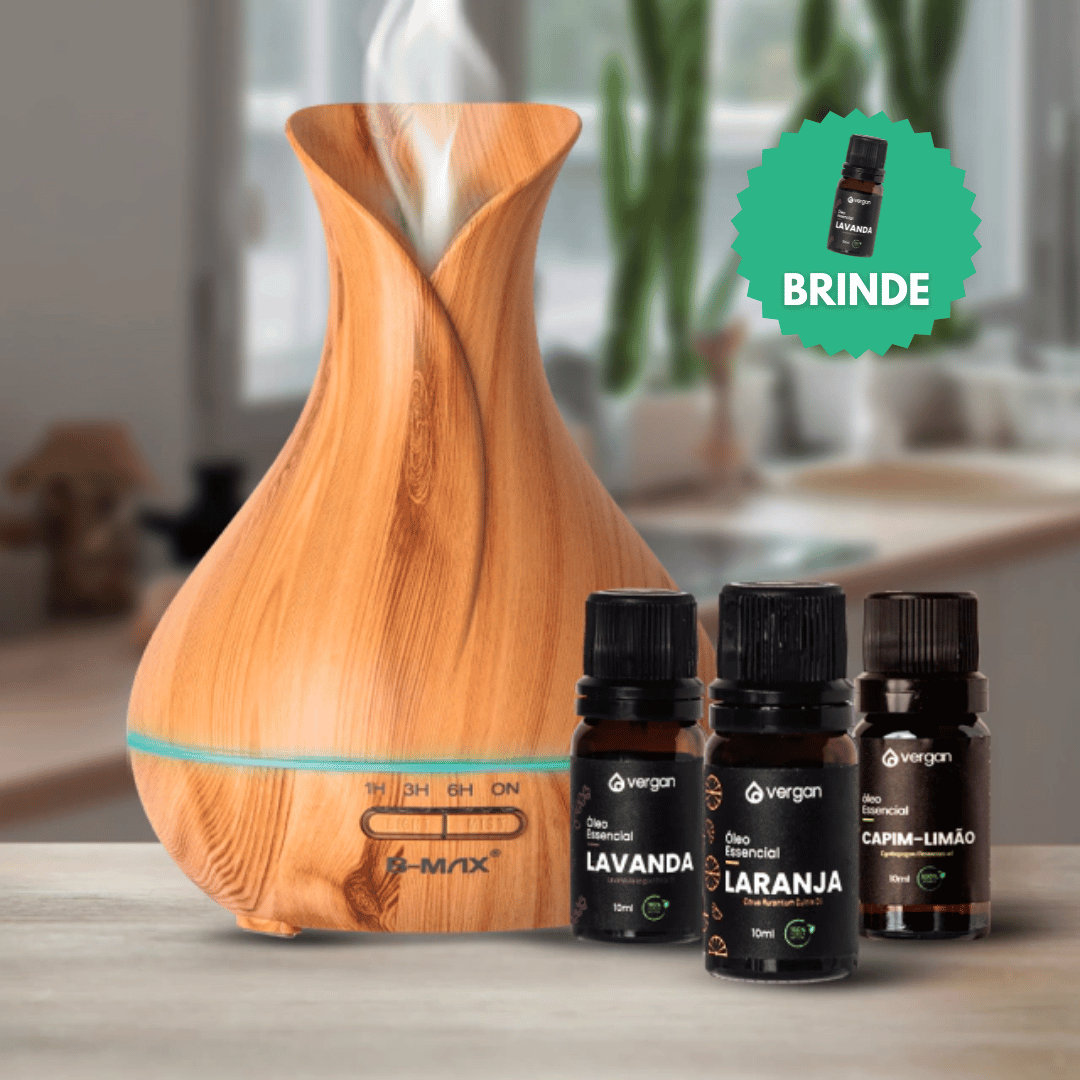 Kit Difusor (400ml) + 3 Óleos Essenciais (Lavanda + Capim-Limão + Laranja) + BRINDE