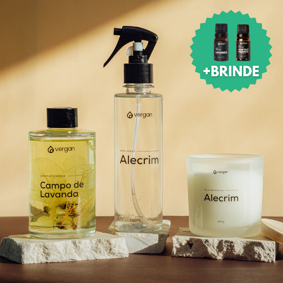 KIT - Difusor de Varetas Campo de Lavanda + Home Spray Alecrim + Vela Aromática Alecrim + BRINDES