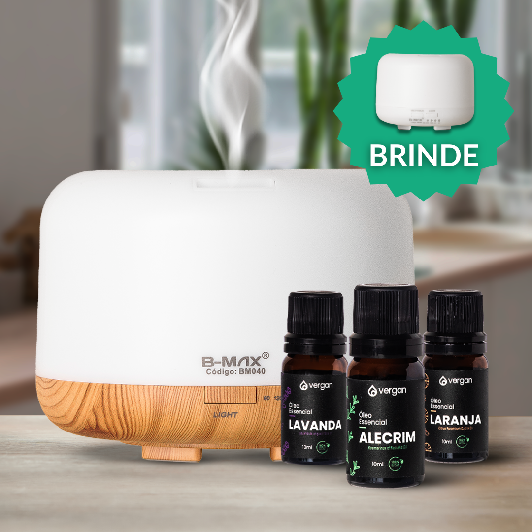 Kit Difusor LED (500ml) + 3 Óleos Essenciais + Difusor 300 Ml (BRINDE)