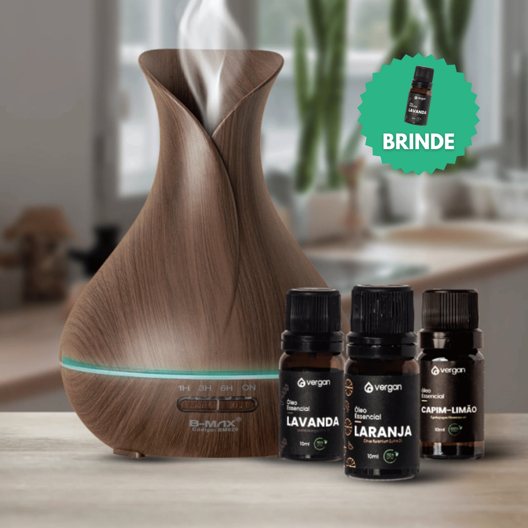 Kit Difusor (400ml) + 3 Óleos Essenciais (Lavanda + Capim-Limão + Laranja) + BRINDE