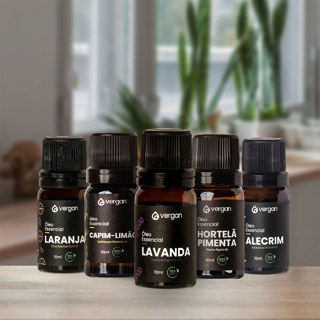 Kit Óleos Essenciais (Lavanda + Laranja + Capim Limão + Alecrim + Hortelã-Pimenta)
