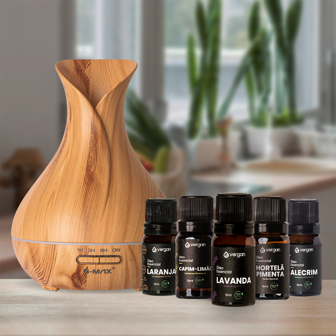 Kit Difusor (500ml) + 5 Óleos Essenciais (Lavanda + Capim-Limão + Laranja + Alecrim + Hortelã-Pimenta) + BRINDE