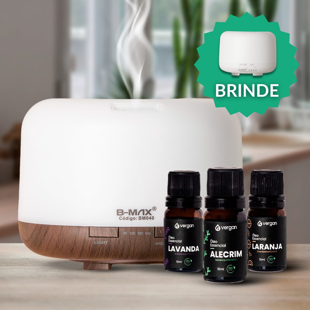 Kit Difusor LED (500ml) + 3 Óleos Essenciais + Difusor 300 Ml (BRINDE)