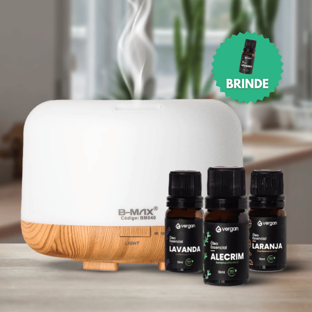 Kit Difusor LED (500ml) + 3 Óleos Essenciais (Lavanda + Alecrim + Laranja) + BRINDE