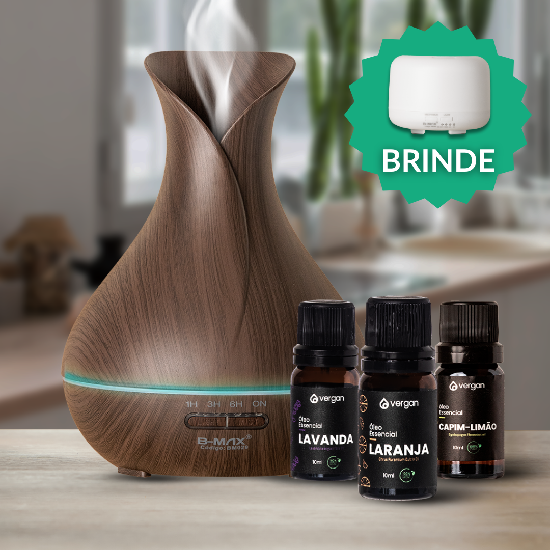 Kit Difusor (500ml) + 3 Óleos Essenciais + Difusor 300 Ml (BRINDE)