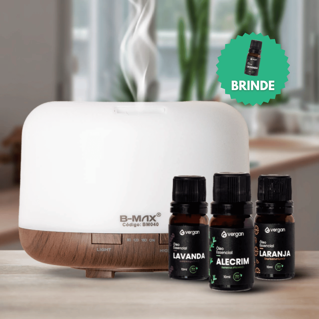 Kit Difusor LED (500ml) + 3 Óleos Essenciais (Lavanda + Alecrim + Laranja) + BRINDE