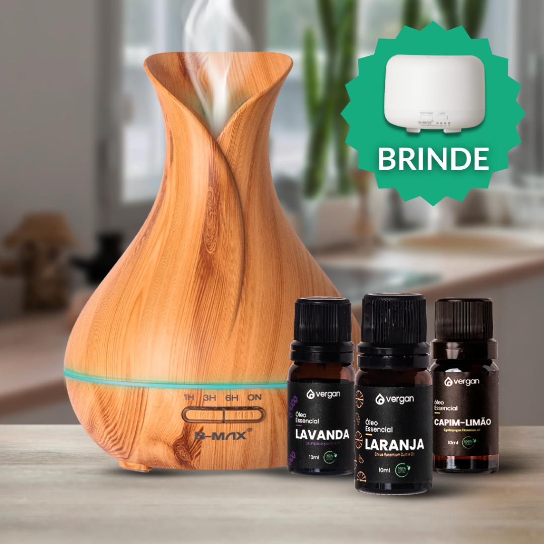 Kit Difusor (500ml) + 3 Óleos Essenciais + Difusor 300 Ml (BRINDE)