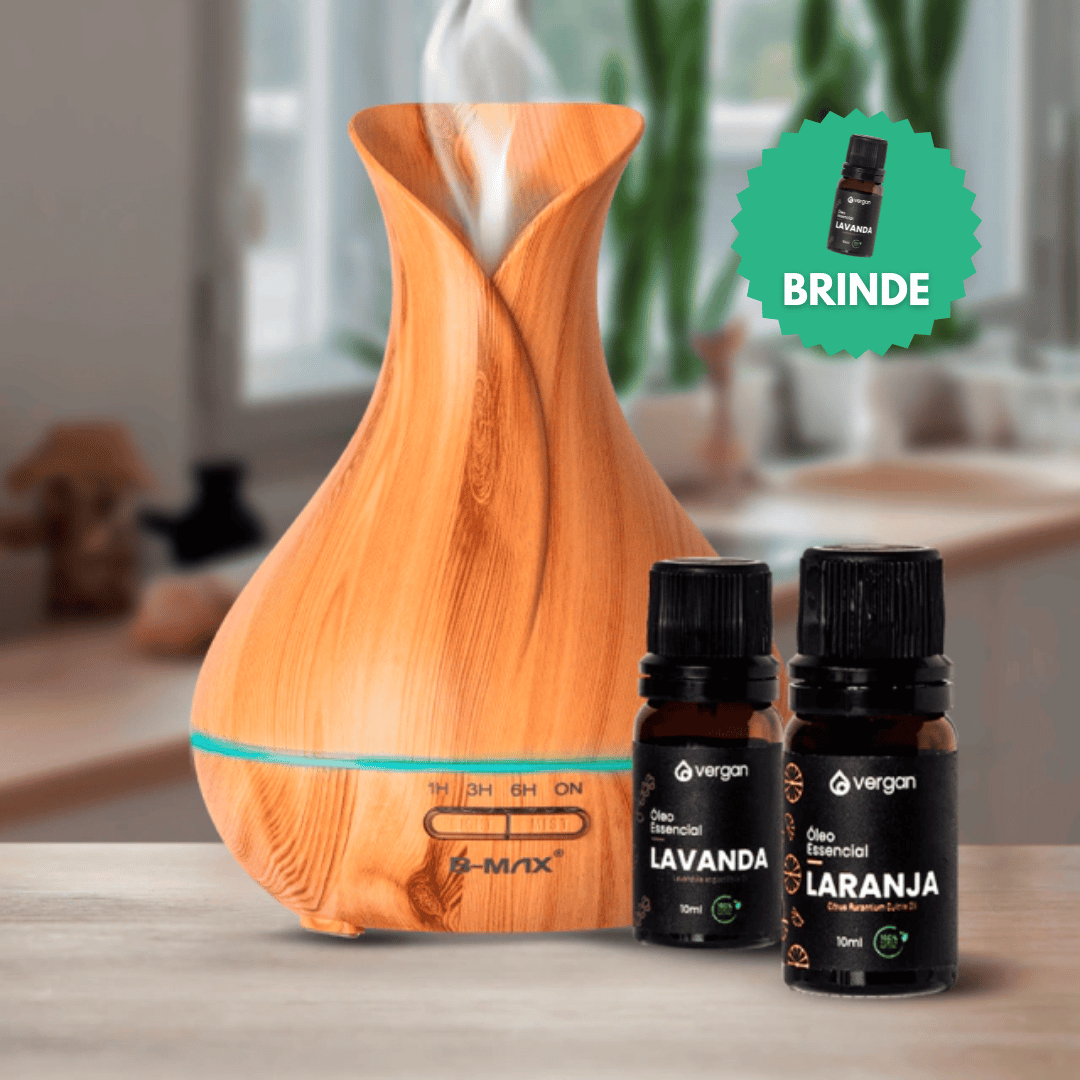 Kit Difusor Madeira (400ml) + 2 Óleos Essenciais (Lavanda + Laranja) + BRINDE