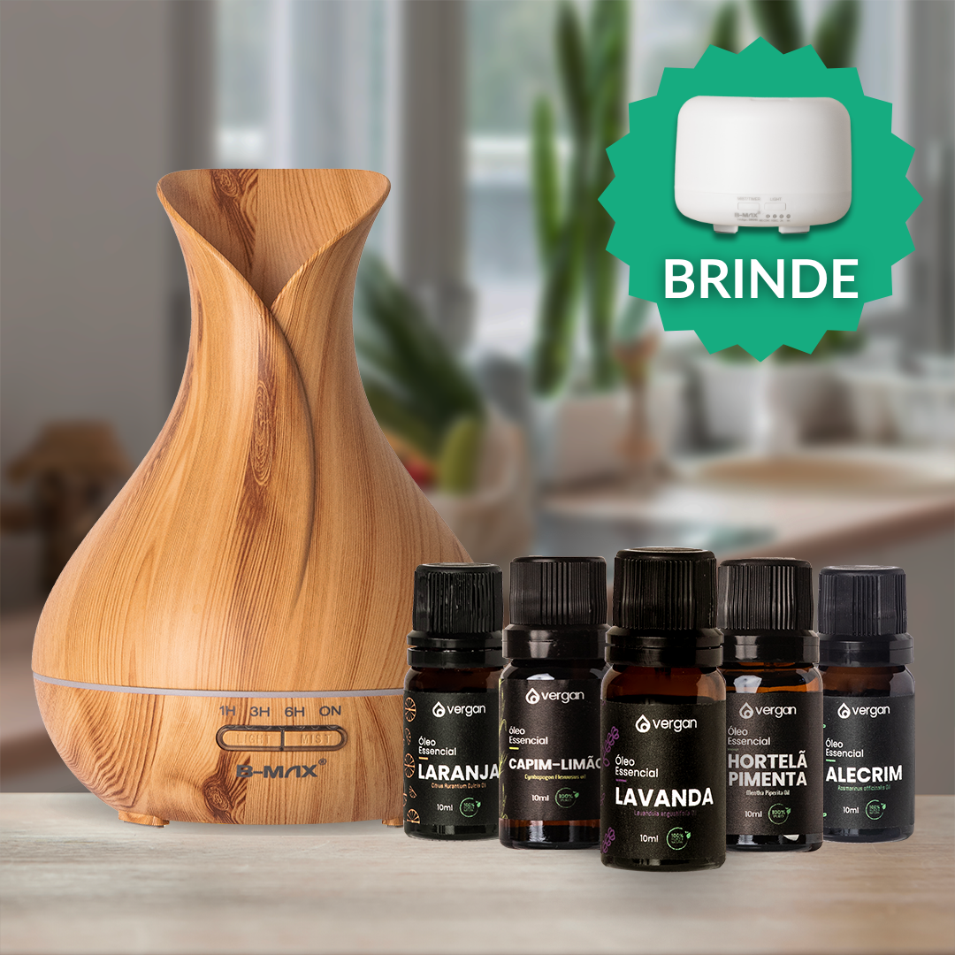 Kit Difusor (500ml) + 5 Óleos Essenciais + Difusor 300 ML (BRINDE)