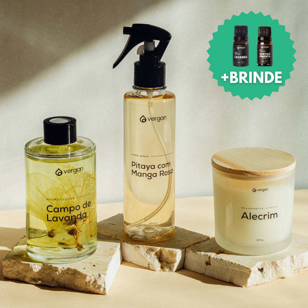 KIT - Difusor de Varetas Campo de Lavanda + Home Spray Pitaya com Manga Rosa +  Vela Aromática Alecrim + BRINDES