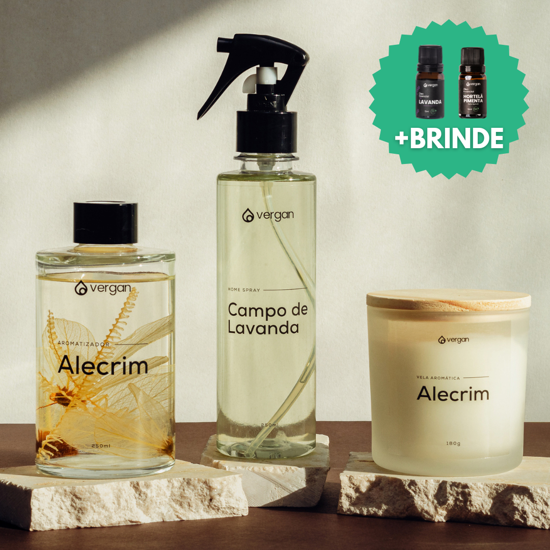 KIT - Difusor de Varetas Alecrim + Home Spray Campo de Lavanda + Vela Aromática Alecrim + BRINDES